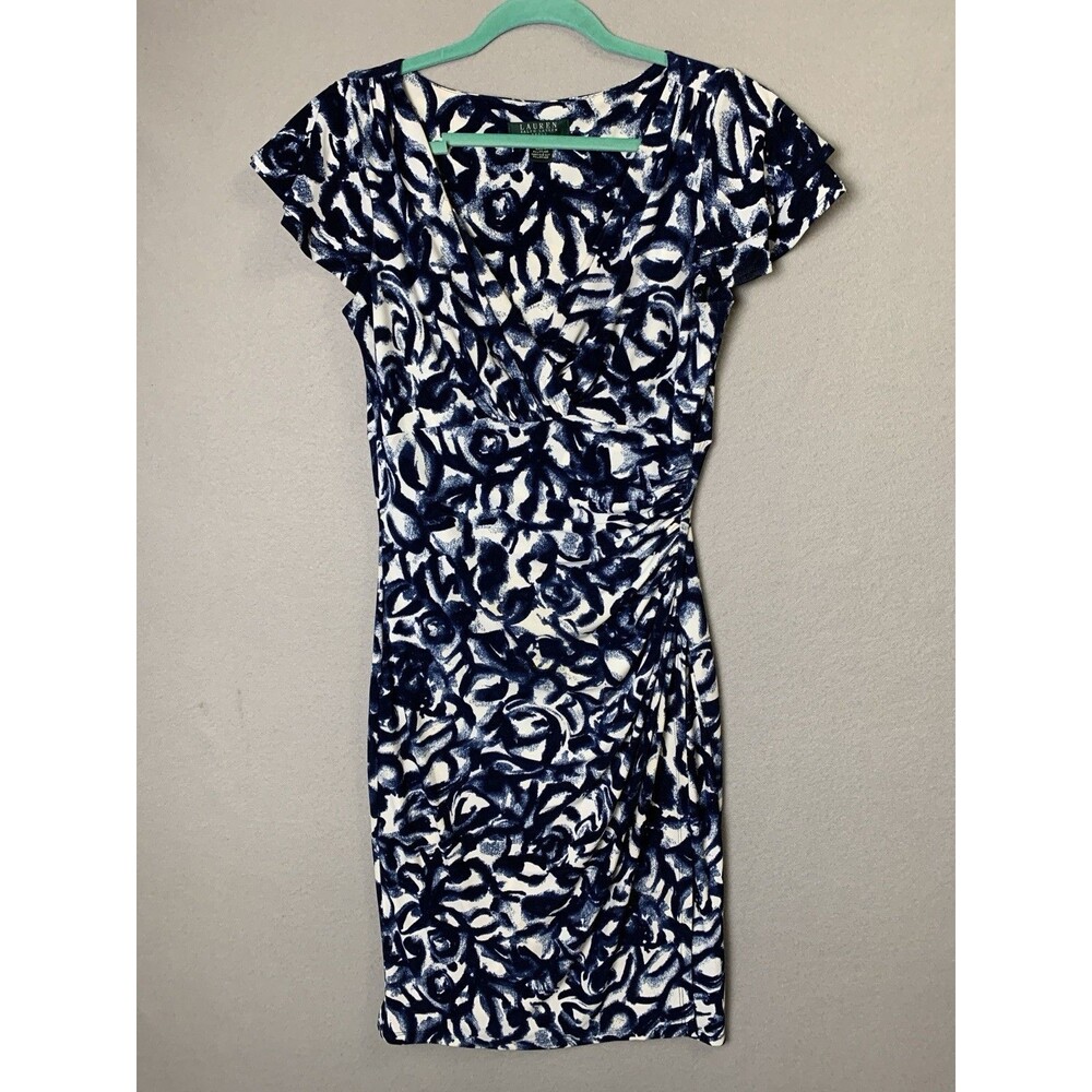 Lauren Ralph Lauren Dress Womens 8 Blue Flutter Sleeve Ruched Surplice Faux Wrap